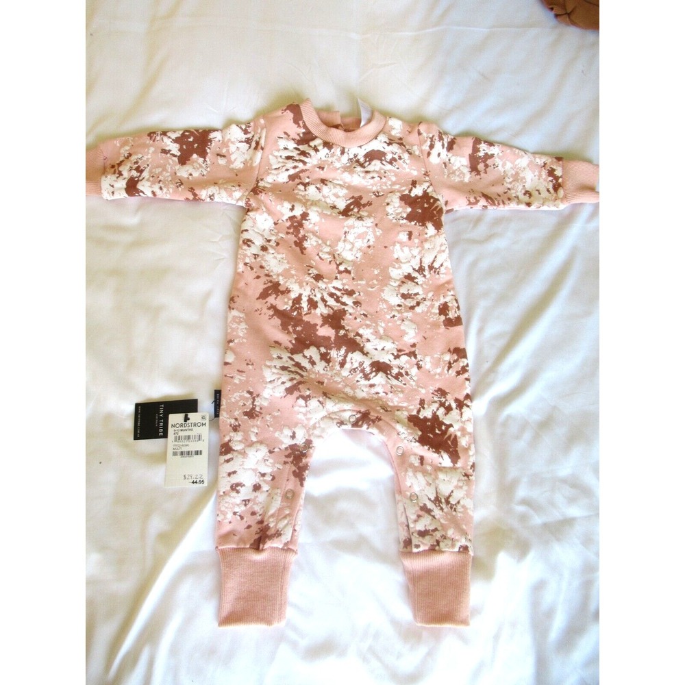 Tiny Tribe Size 9-12M Pink Brown‎ & White Long Sleeve 1 Piece Sleeper Romper